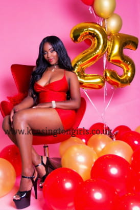 Curvy black girl in a short red dress surrounded by birthday balloons